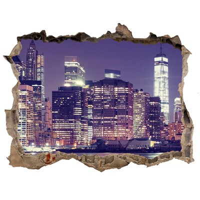 Wandsticker 3D gat met uitzicht De skyline van New York 's nachts