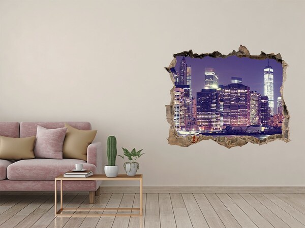 Wandsticker 3D gat met uitzicht De skyline van New York 's nachts