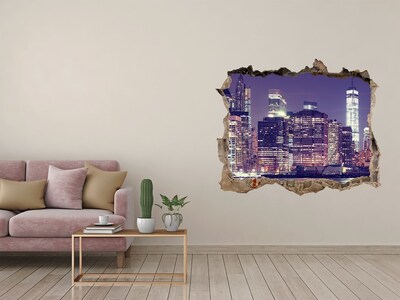 Wandsticker 3D gat met uitzicht De skyline van New York 's nachts