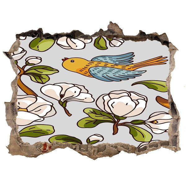 Wandsticker 3D doorkijk Bloemenparadijs met een vogel