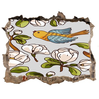 Wandsticker 3D doorkijk Bloemenparadijs met een vogel