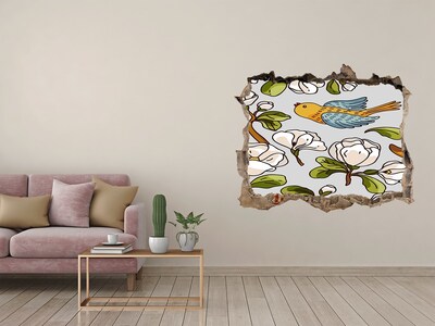 Wandsticker 3D doorkijk Bloemenparadijs met een vogel