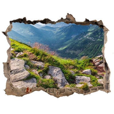 Zelfklevende 3D wandsticker illusie Uitzicht op de bergen met de vallei