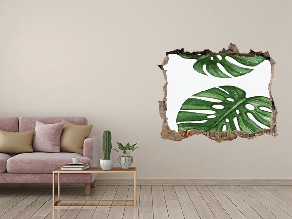 Zelfklevende 3D wandsticker illusie Groene bladeren in beton