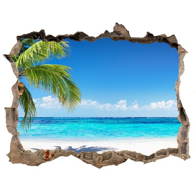 Wandsticker 3D gat met uitzicht Tropisch strand met palmbomen