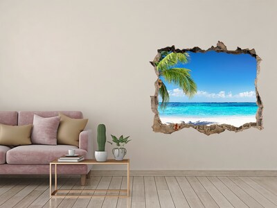 Wandsticker 3D gat met uitzicht Tropisch strand met palmbomen