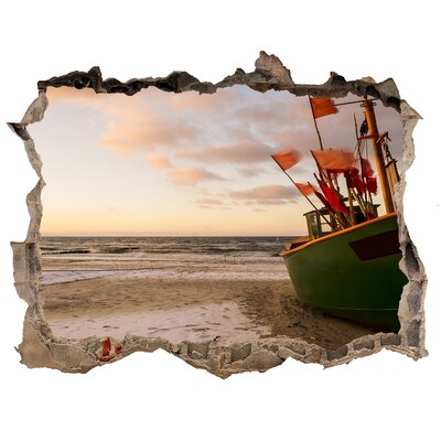 Wandsticker 3D doorkijk Een baai met een vissersboot