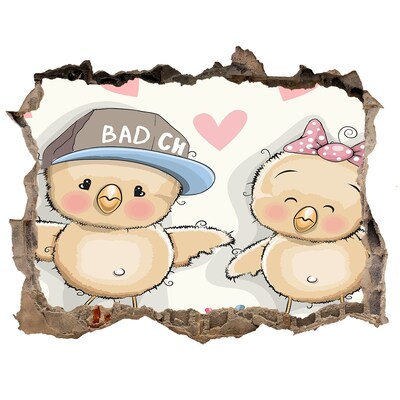 Wandsticker 3D doorkijk Schattige vogeltjes op een skateboard