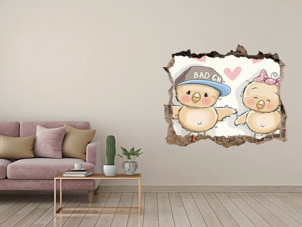 Wandsticker 3D doorkijk Schattige vogeltjes op een skateboard