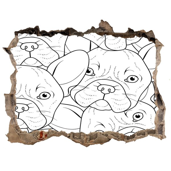 Zelfklevende muursticker 3D gat Franse honden in een gat in de muur