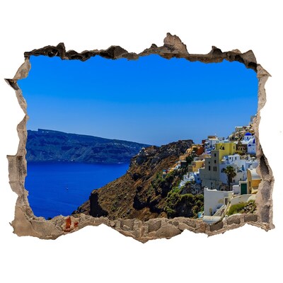 Wandsticker 3D gat met uitzicht Santorini in het zonlicht