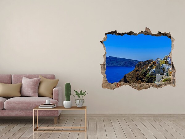 Wandsticker 3D gat met uitzicht Santorini in het zonlicht