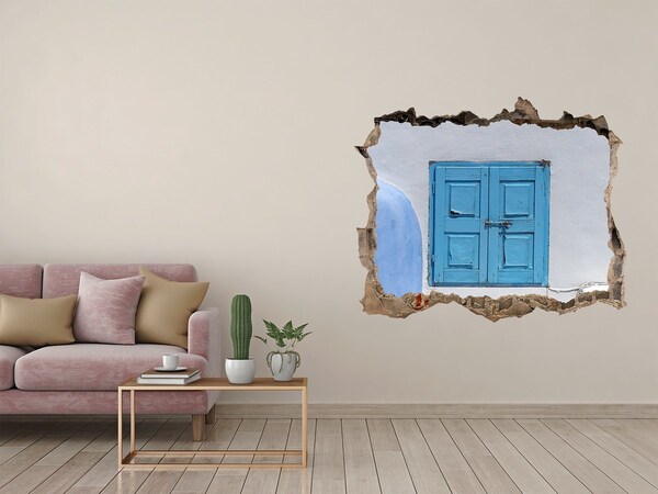 Wandsticker 3D doorkijk Een kapotte muur met een blauwe deur.
