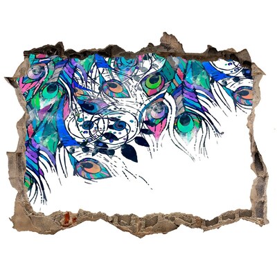 Wandsticker 3D gat met uitzicht Kleurrijke veren in een gat in de muur