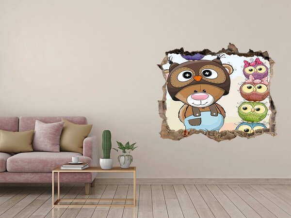 Zelfklevende 3D wandsticker illusie Schattige teddybeer met uilen