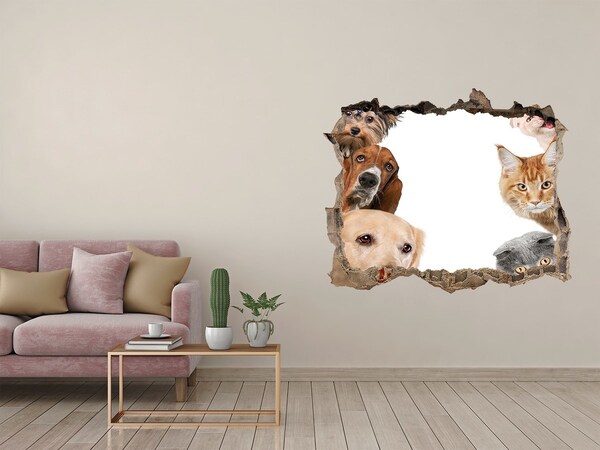 Zelfklevende muursticker 3D gat Dieren in een gat in de muur