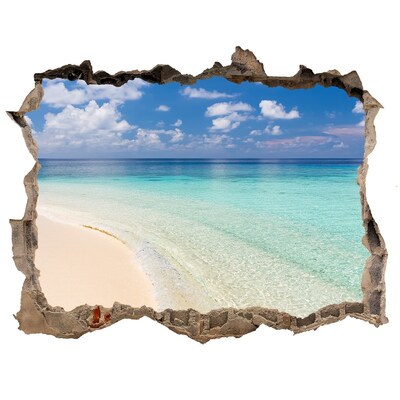 Zelfklevende muursticker 3D gat Een paradijselijk strand met turquoise water.