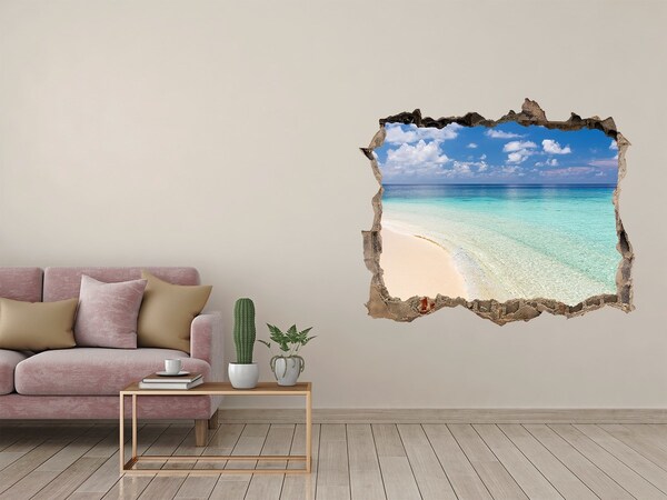 Zelfklevende muursticker 3D gat Een paradijselijk strand met turquoise water.