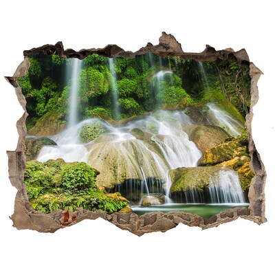 Wandsticker 3D gat met uitzicht Waterval in de jungle