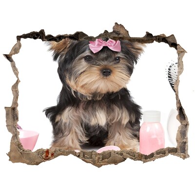 Zelfklevende 3D wandsticker illusie Een schattige Yorkshire Terrier met een roze strik.