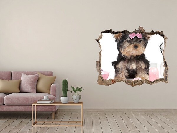 Zelfklevende 3D wandsticker illusie Een schattige Yorkshire Terrier met een roze strik.