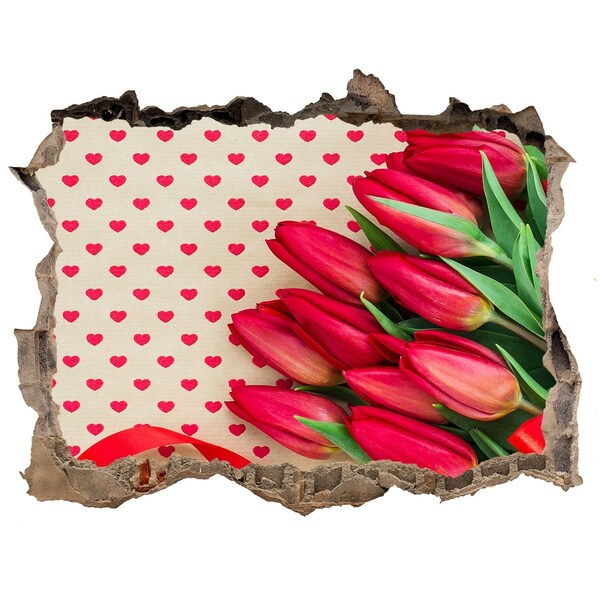 Wandsticker 3D gat met uitzicht Tulpen in harten