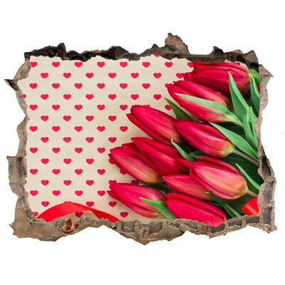 Wandsticker 3D gat met uitzicht Tulpen in harten