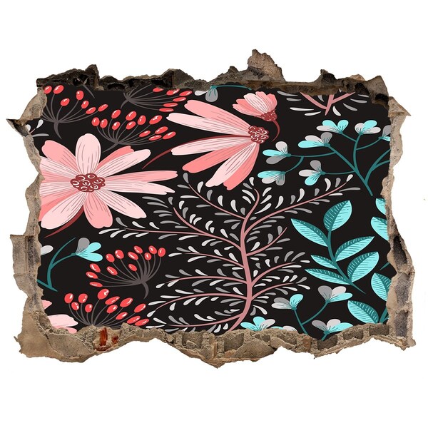 Wandsticker 3D doorkijk Bloemenpatroon op een zwarte achtergrond