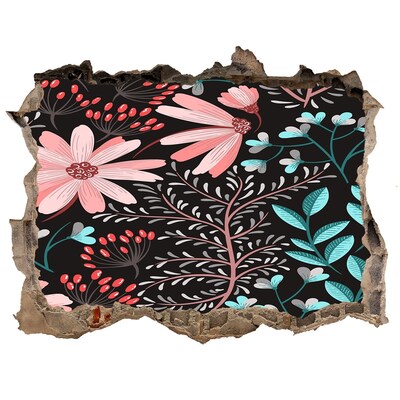 Wandsticker 3D doorkijk Bloemenpatroon op een zwarte achtergrond