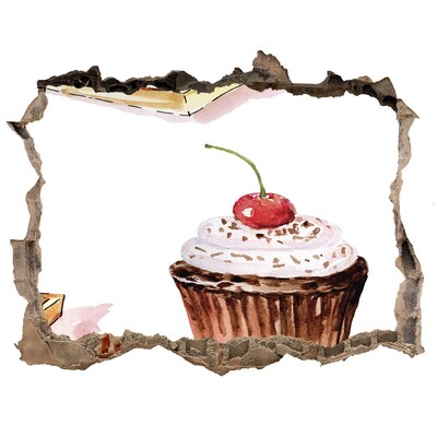 Wandsticker 3D gat met uitzicht Heerlijke cupcake met een kers