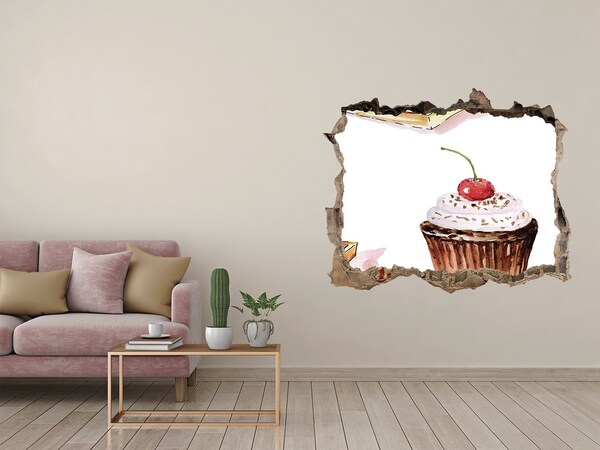 Wandsticker 3D gat met uitzicht Heerlijke cupcake met een kers