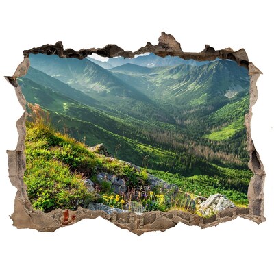 Wandsticker 3D gat met uitzicht Berglandschap door een gat in de muur