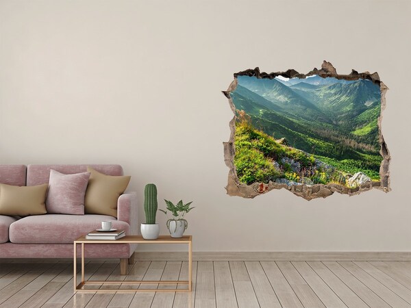 Wandsticker 3D gat met uitzicht Berglandschap door een gat in de muur