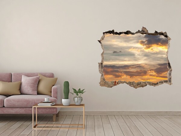 Zelfklevende muursticker 3D gat Zonsondergang door een gat in de muur