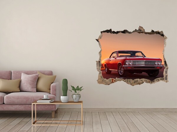 Zelfklevende 3D wandsticker illusie Klassieke auto tegen de achtergrond van een zonsondergang