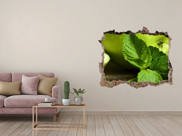 Wandsticker 3D gat met uitzicht Groene appel met munt