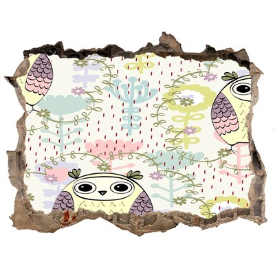 Wandsticker 3D gat met uitzicht Gat in de muur met een uil en bloemen