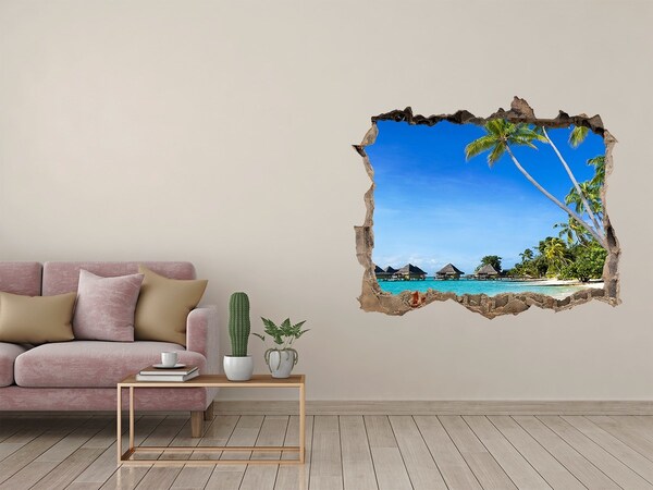 Wandsticker 3D doorkijk Caribisch strand door een gat in de muur