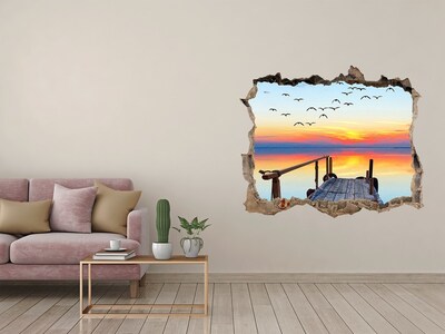 Wandsticker 3D gat met uitzicht Zonsondergang boven het meer