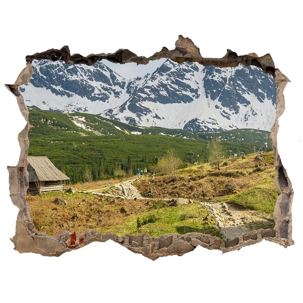 Zelfklevende muursticker 3D gat Berglandschap met een dorp