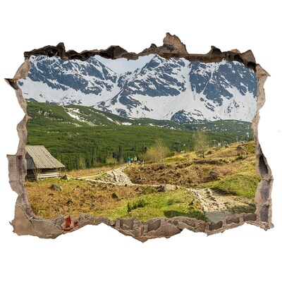 Zelfklevende muursticker 3D gat Berglandschap met een dorp