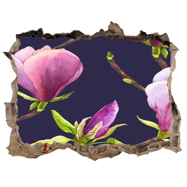 Zelfklevende 3D wandsticker illusie Magnoliabloemen door een gat in de muur