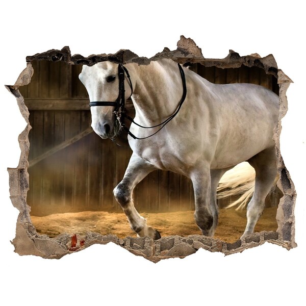 Wandsticker 3D gat met uitzicht Een paard in de stal