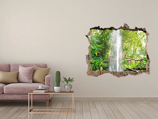 Zelfklevende 3D wandsticker illusie Tropische waterval in de jungle