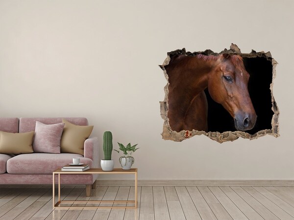 Wandsticker 3D gat met uitzicht Een paard in een kapotte muur