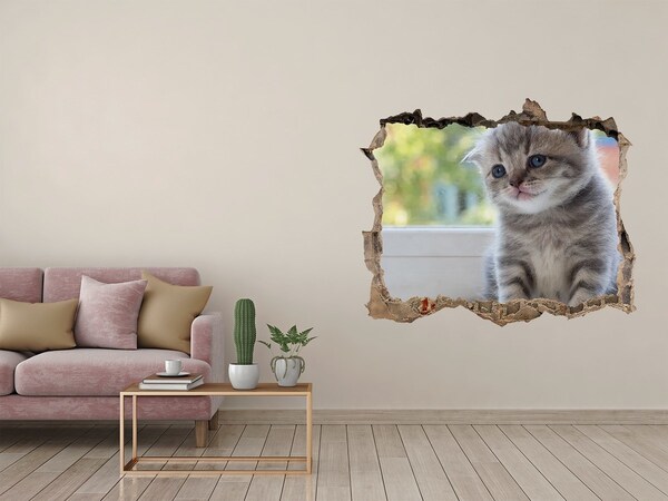 Wandsticker 3D gat met uitzicht Kitten in een gat in de muur