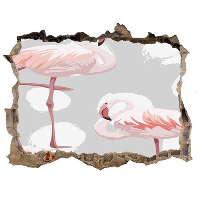 Wandsticker 3D gat met uitzicht Roze flamingo's in een gat in de muur