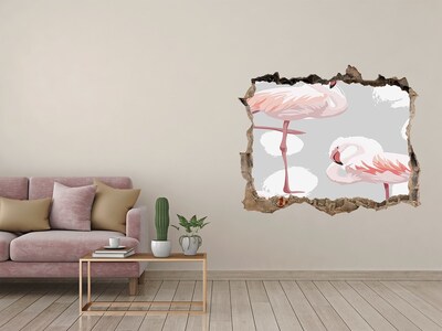 Wandsticker 3D gat met uitzicht Roze flamingo's in een gat in de muur