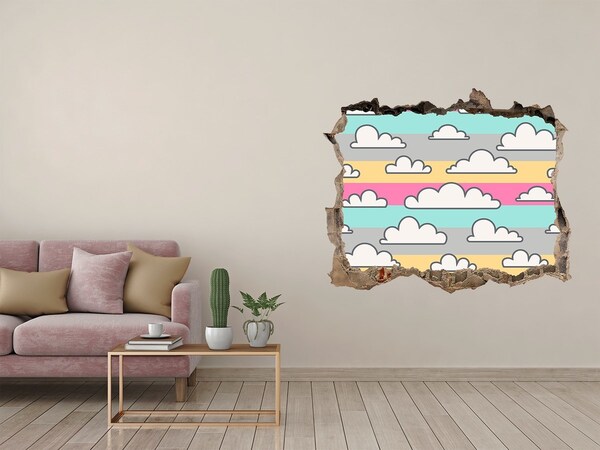 Wandsticker 3D gat met uitzicht Kleurrijke wolken op een gestreepte achtergrond
