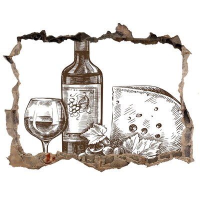 Zelfklevende muursticker 3D gat Wijn en kaas tegen de achtergrond van een beschadigde muur.